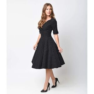 Unique Vintage Polka Dot Structured Midi 50s Style Dress